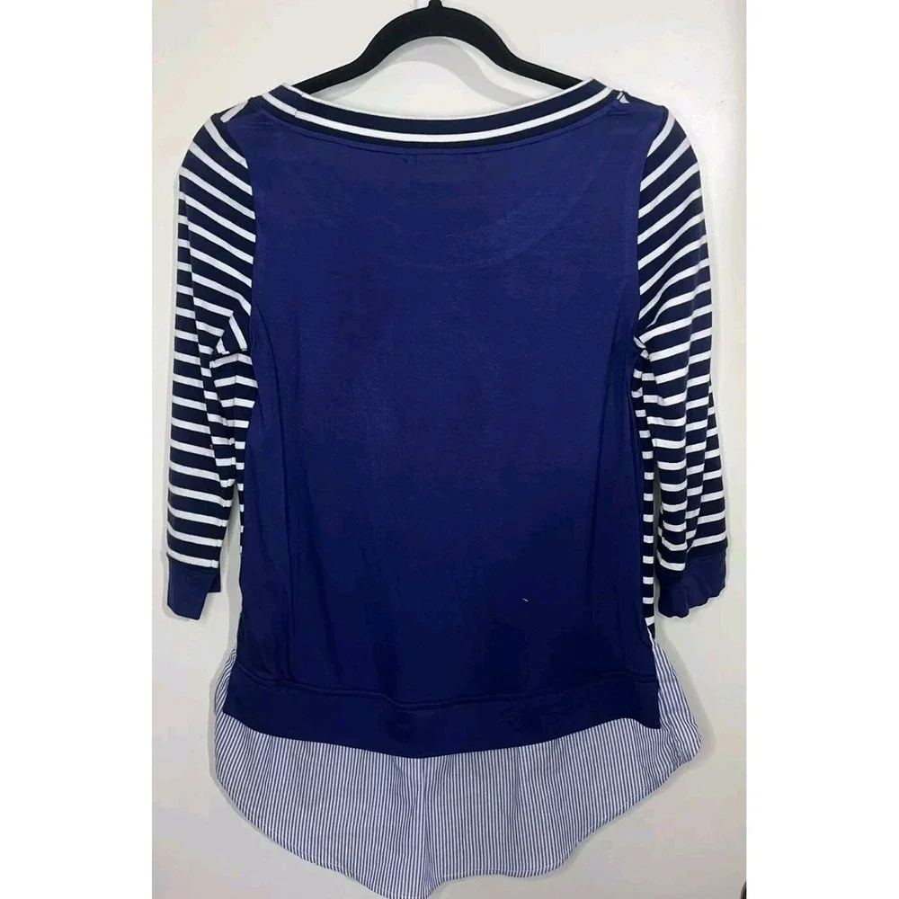 ANTHROPOLOGIE LITTLE YELLOW BUTTON Top Womens XS Navy Blue Built In Shirt N13 - Picture 3 of 10
